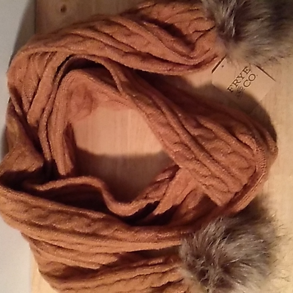 Frye and Co Cable Knit Scarf w Pom Poms